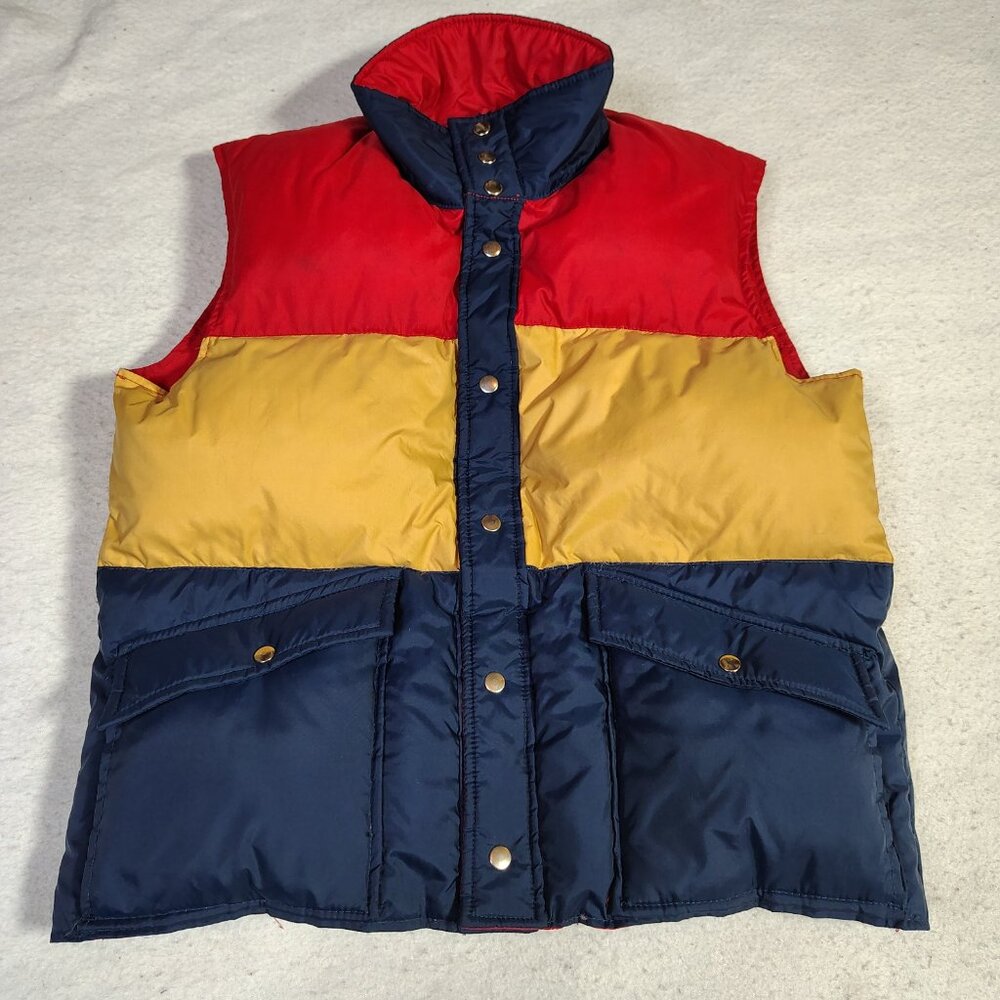 VINTAGE Field and Stream Vest Blue Red Yellow‎ Goose Down Puffer Snap Front XL